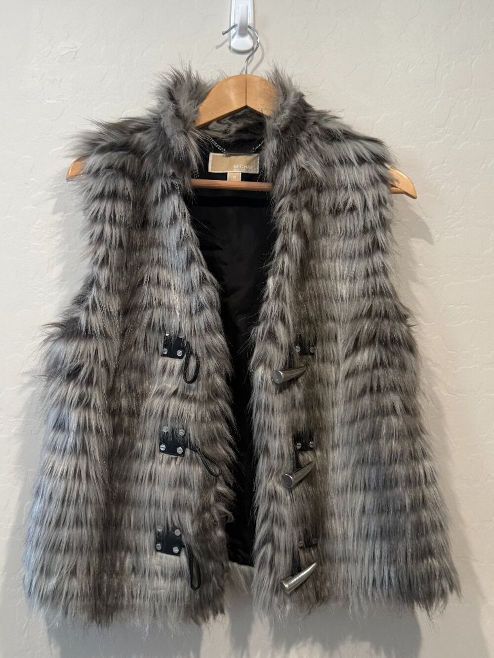 MICHAEL Michael Kors Faux Fur Toggle Vest Grey Silver Frost Size Medium M